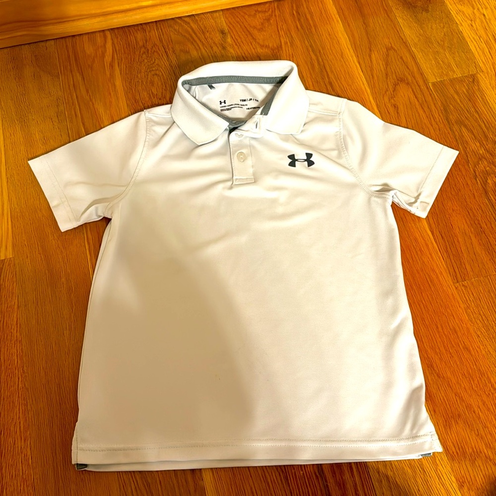 Under Armour boys size small similar to size 8 white polo, golf shirt, gray